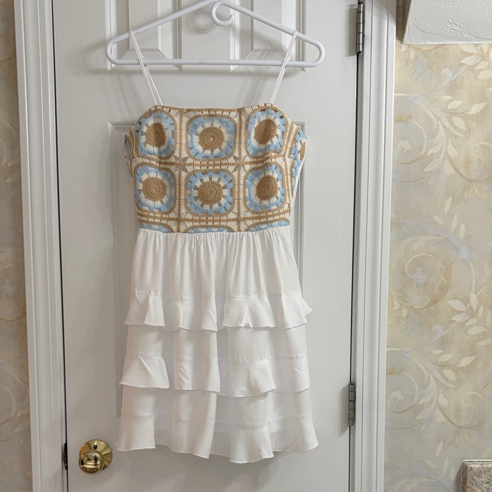 Francesca’s  Cream, Blue and Tan Tiered Spaghetti Strap Dress,  Crochet Detail